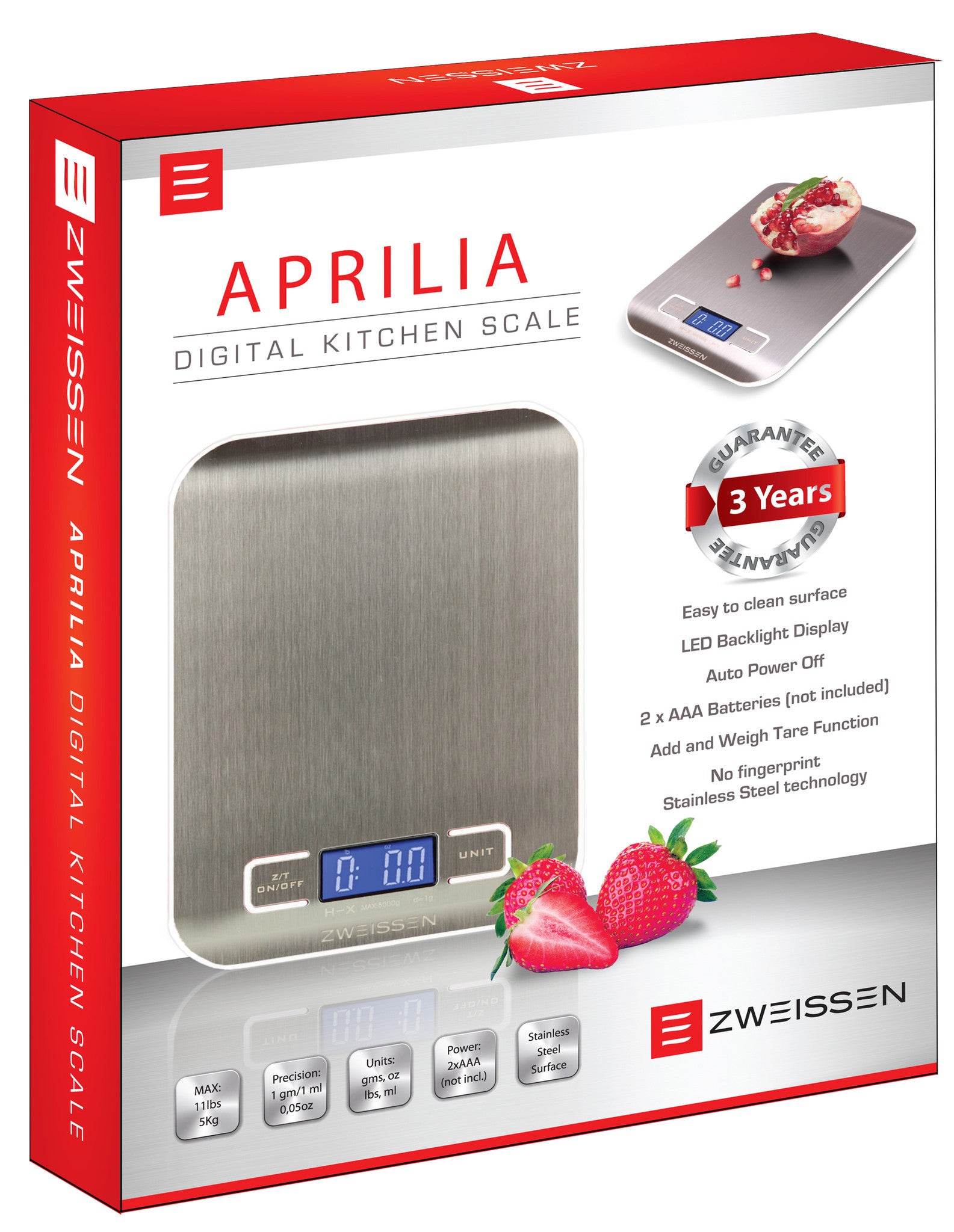 Aprilia Stainless Steel Digital Kitchen weigh Scale by Zweissen, 11 lb  capacity, Red