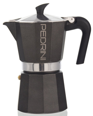 Espresso Coffee Maker Moka Pot: PEDRINI ITALY Polished Aluminium Stovetop Espresso Maker- Black, available in 4 sizes