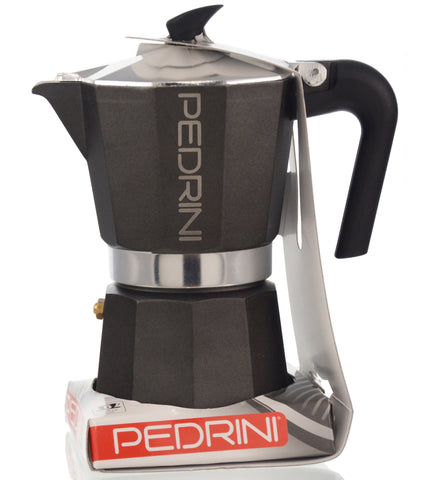 Espresso Coffee Maker Moka Pot: PEDRINI ITALY Polished Aluminium Stovetop Espresso Maker- Black, available in 4 sizes