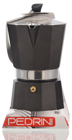 Espresso Coffee Maker Moka Pot: PEDRINI ITALY Polished Aluminium Stovetop Espresso Maker- Black, available in 4 sizes