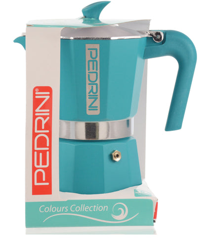 Espresso Coffee Maker Moka Pot: PEDRINI ITALY Polished Aluminium Stovetop Espresso Maker - Blue, available in 4 sizes