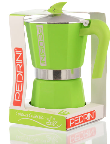 Espresso Coffee Maker Moka Pot: PEDRINI ITALY Polished Aluminium Stovetop Espresso Maker- Green, available in 4 sizes