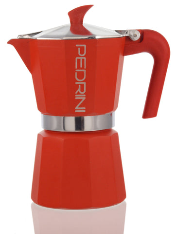 Espresso Coffee Maker Moka Pot: PEDRINI ITALY Polished Aluminium Stovetop Espresso Maker- Red, available in 4 sizes