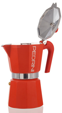 Espresso Coffee Maker Moka Pot: PEDRINI ITALY Polished Aluminium Stovetop Espresso Maker- Red, available in 4 sizes