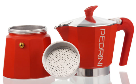 Espresso Coffee Maker Moka Pot: PEDRINI ITALY Polished Aluminium Stovetop Espresso Maker- Red, available in 4 sizes