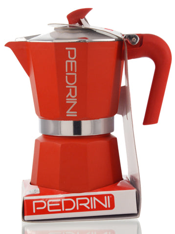 Espresso Coffee Maker Moka Pot: PEDRINI ITALY Polished Aluminium Stovetop Espresso Maker- Red, available in 4 sizes