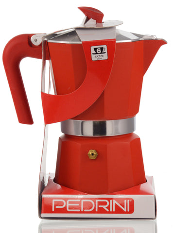 Espresso Coffee Maker Moka Pot: PEDRINI ITALY Polished Aluminium Stovetop Espresso Maker- Red, available in 4 sizes