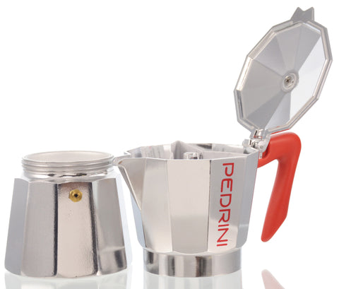 Espresso Coffee Maker Moka Pot: PEDRINI ITALY Polished Aluminium Stovetop Espresso Maker - Red & Chrome, available in 4 sizes