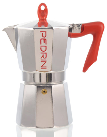 Espresso Coffee Maker Moka Pot: PEDRINI ITALY Polished Aluminium Stovetop Espresso Maker - Red & Chrome, available in 4 sizes