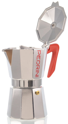 Espresso Coffee Maker Moka Pot: PEDRINI ITALY Polished Aluminium Stovetop Espresso Maker - Red & Chrome, available in 4 sizes