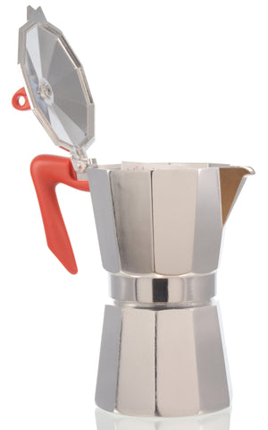 Espresso Coffee Maker Moka Pot: PEDRINI ITALY Polished Aluminium Stovetop Espresso Maker - Red & Chrome, available in 4 sizes