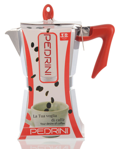 Espresso Coffee Maker Moka Pot: PEDRINI ITALY Polished Aluminium Stovetop Espresso Maker - Red & Chrome, available in 4 sizes