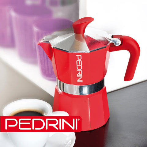 Espresso Coffee Maker Moka Pot: PEDRINI ITALY Polished Aluminium Stovetop Espresso Maker- Red, available in 4 sizes