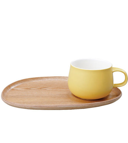 Glassware: KINTO Fika Cafe Mug & Wooden Plate - Yellow, 250ml/8.5 fl. oz, available in 2 plate sizes