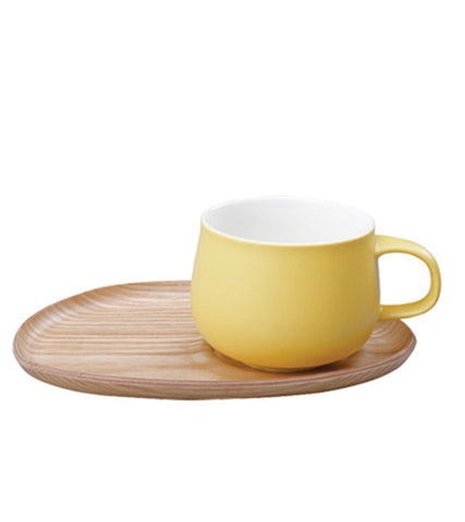 Glassware: KINTO Fika Cafe Mug & Wooden Plate - Yellow, 250ml/8.5 fl. oz, available in 2 plate sizes