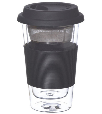 Glassware: GROSCHE Double Walled Glassen Travel Mug with Infuser - Black, 350ml