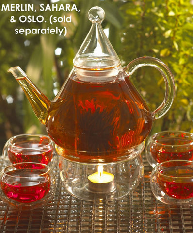 grosche oslo with merlin glass teapot, and sahara teapot warmer
