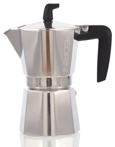 Espresso Coffee Maker Moka Pot: PEDRINI ITALY Sei Moka Polished Aluminium Stovetop Espresso Maker- Chrome and Black, available in 4 sizes