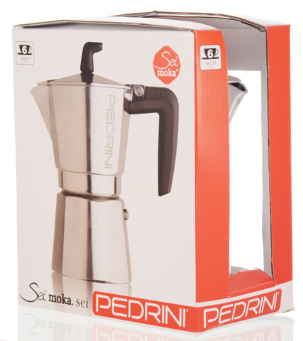 Espresso Coffee Maker Moka Pot: PEDRINI ITALY Sei Moka Polished Aluminium Stovetop Espresso Maker- Chrome and Black, available in 4 sizes