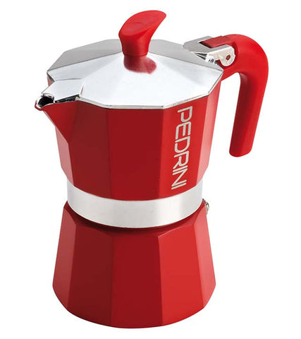 Espresso Coffee Maker Moka Pot: PEDRINI ITALY Polished Aluminium Stovetop Espresso Maker- Red, available in 4 sizes